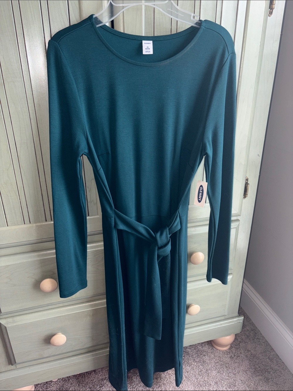 Petite XS Long Sleeve Teal Tie-Waist Dress